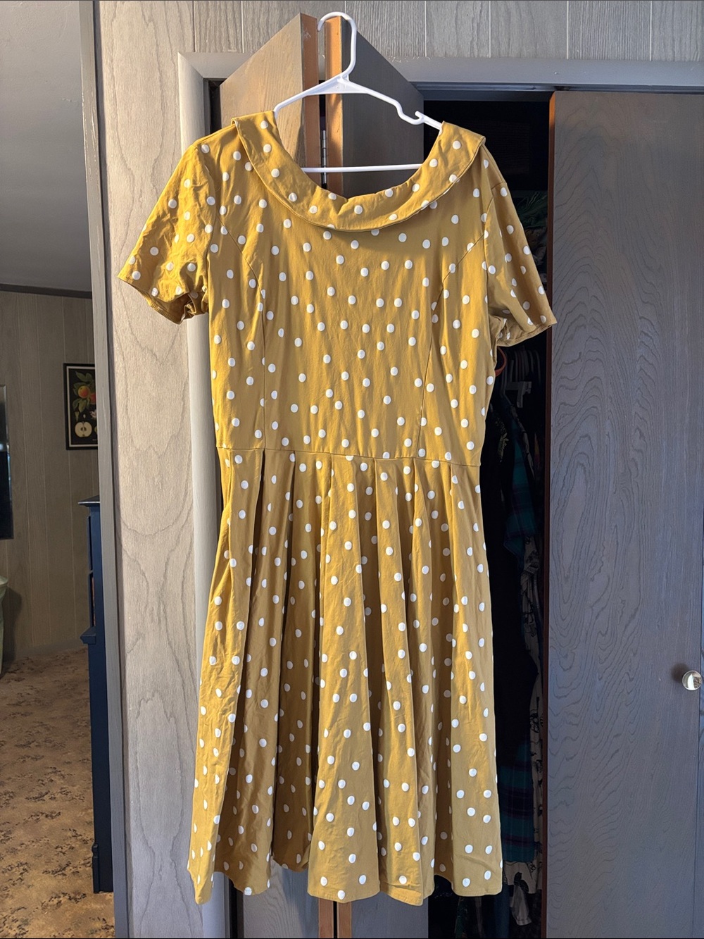 Gown Town Mustard Yellow Polka Dot Dress Retro Short Sleeve Collar